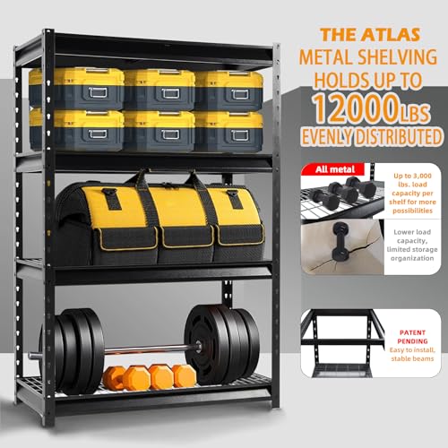 Image of The Atlas 48 inch W Heavy Duty Garage Shelving Unit Load 12000 Lbs, Metal Shelves for Storage, Adjustable All Steel Industrial Rack, 48 inch W x 24 inch D x 72 inch H, Black