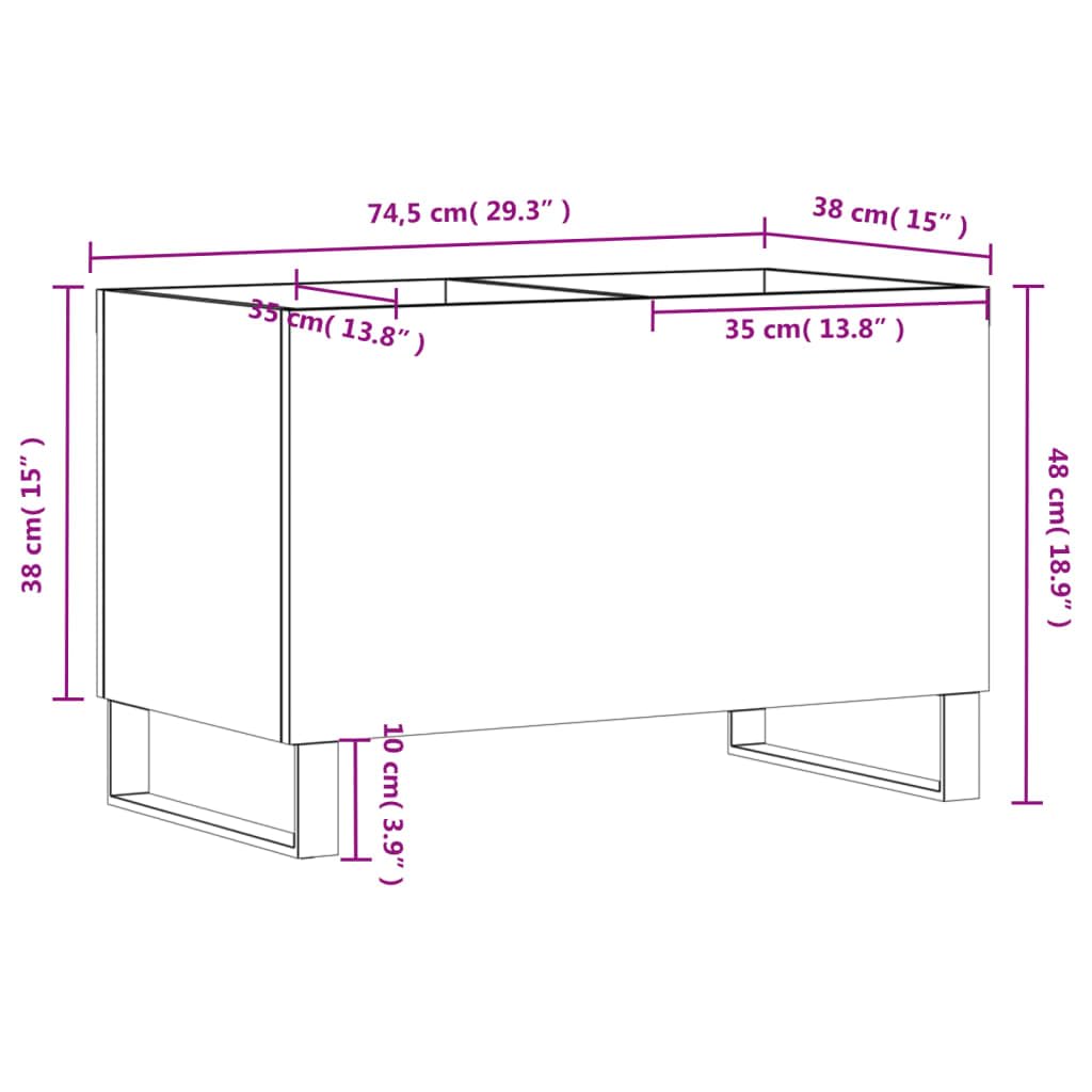Czarna szafka panelowa 74,5 x 38 x 48 cm, materiał drewnopochodny ze stabilnym dnem, żelaznymi nogami, idealna do winylu, płyt LP, płyt winylowych, schowków, zarządzania kablami, telewizora