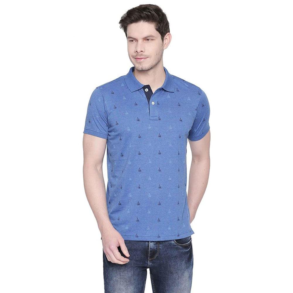 Basic Muscle Fit Baleine Blue Printed Polo T Shirt