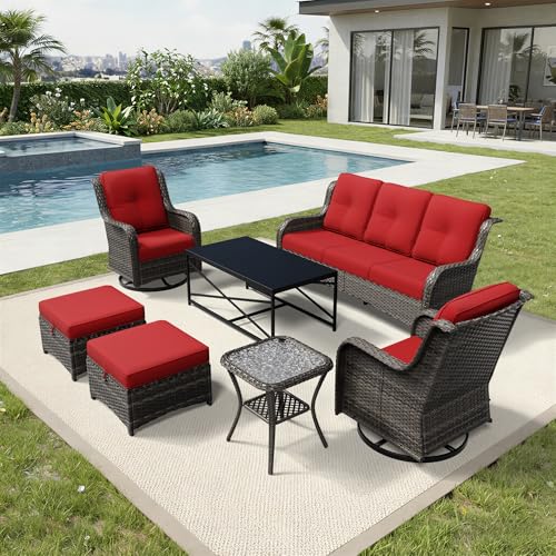 Image of Joyside 7 Piece Wicker Patio Furniture Set, Outdoor Swivel Rocker Patio Chairs with High Back, Deep Seating, Wide Armrest, Thickened Cushions, Outdoor Furniture for Deck, Porch Use