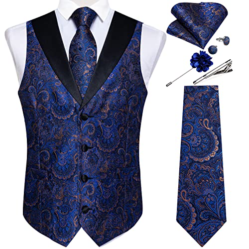 Image of DiBanGu Mens Paisley Suit Vest Silk Jacquard Waistcoat and Necktie Set Formal Shawl Collar Dress Vest 7PCS for Wedding Party