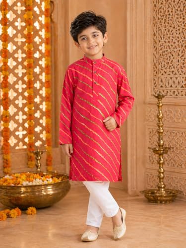 Image of superminis Cotton Boys Sanganeri Lehariya Printed Kurta Set with White Pyjama Elastic Closure