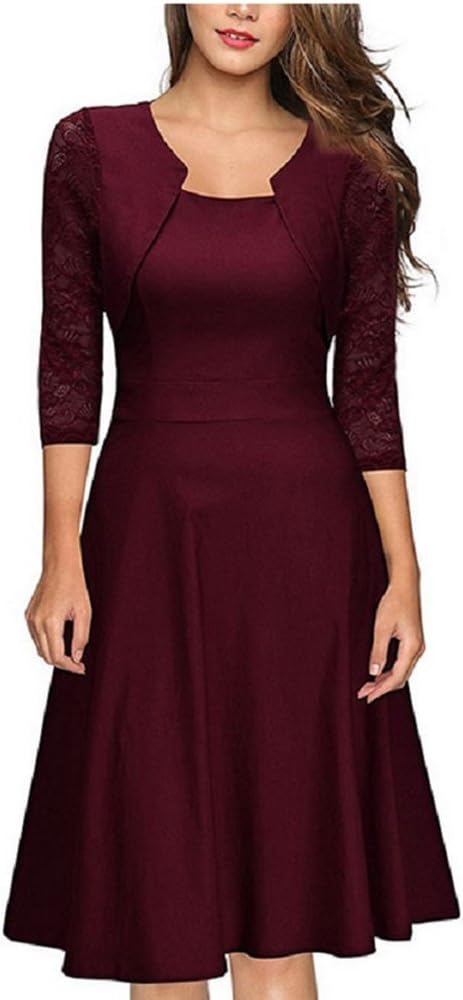 Janlyy Women’s Vintage 1950s 3/4 Lace Sleeve Skater Dress A Line Casual Party Evening Cocktail Swing Knee Long Dress (UK 12/Tag L, Wine-red)