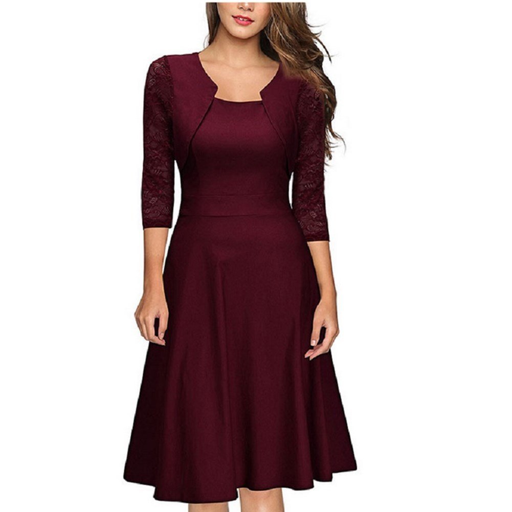 Janlyy Women’s Vintage 1950s 3/4 Lace Sleeve Skater Dress A Line Casual Party Evening Cocktail Swing Knee Long Dress (UK 12/Tag L, Wine-red)