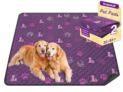 Image of WanpeeGoo Washable Pee Pads for Dogs, Waterproof, 32 x 63 in, 2 Pack, Purp | Super absorbent, waterproof and non-slip; washable, reusable dog pads for crates, playpens, floors, furniture and travel