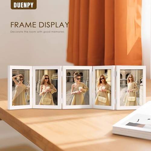 Image of DUENPY 5 Folding 5x7 Accordion Wood Frame Plexiglass White | Constructed With Engineered Wood And Plexiglass, Elegant Ornament For Desktop Photo Display