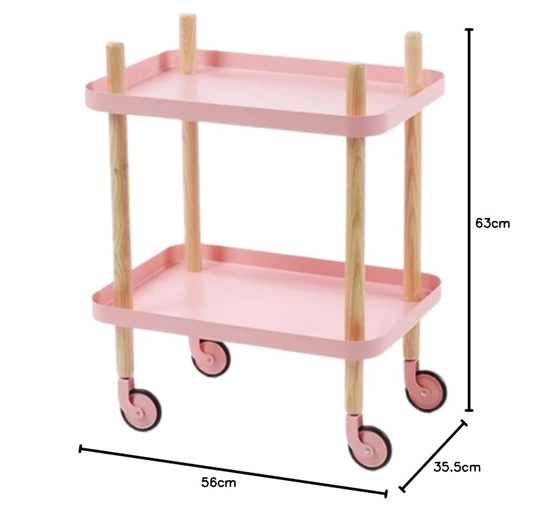Craftelier - Chariot auxiliaire d'organisation à roulettes - Design en bois avec 2 plateaux métalliques pour le stockage d'objets manuels, couture rose | 63 x 56 x 35,5 cm