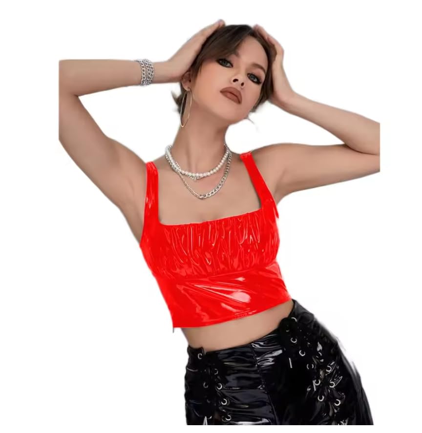 Bodycon Crop Tops Col Carré Plié en Cuir PVC Bar de Nuit Pub Gothique Femmes Tops Clubwear Personnalisable
