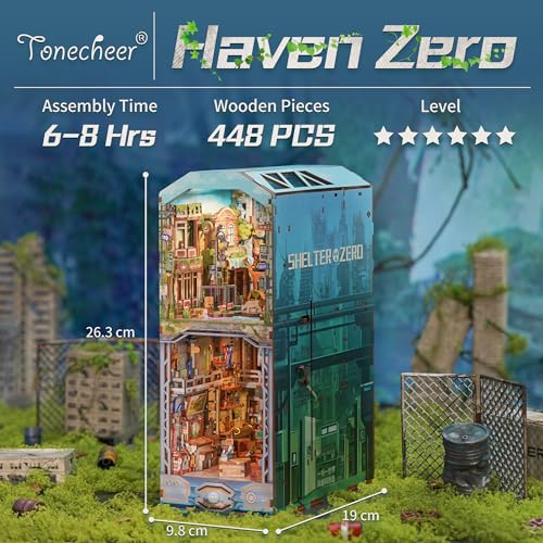 Image of Tonecheer DIY Book Nook Kit for Adults, Wooden 3D Puzzle Bookend Diorama Bookshelf Insert Decor Fancy Books, Booknook Miniature House Kit with Dust Cover and Sensor LED (Haven Zero)