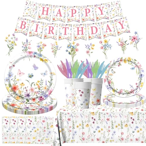 Juweked Colorful Wildflower Birthday Decorations, 142Pcs Floral Party Decorations with Plates, Napkins, Cups, Tablecloth and Banner for Spring Tea Garden Picnic Party