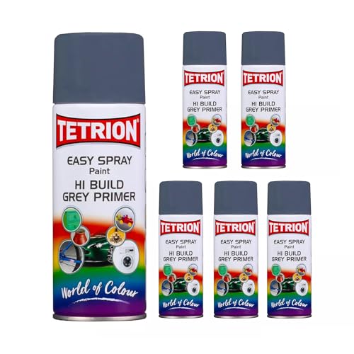 Image of Tetrion Easy Spray Paint Primer - Hi-Build Gray Primer 400ml (Pack of 6) - Acrylic Spray Paint for Wood, Metal, Plastic, Ceramic & More - Smooth Base Coat for Paint - Indoor & Outdoor Use, 13.5 Oz