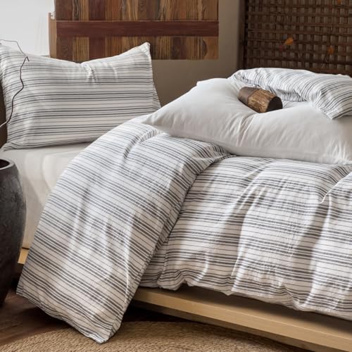 Image of EAVD Retro Grey White Striped Duvet Cover Twin Soft 100% Washed Cotton Reversible Striped Bedding Set with 2 Pillowcases Farmhouse Geometric Pattern Duvet Cover with Zipper Closure