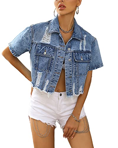 CYLADY Women's Cropped Jean Jacket Ripped Frayed Short Sleeve
