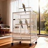 xixi-home Grande cage à oiseaux en cuir tigre pour perroquet 46 x 46 x 77 cm palette amovible avec support et boîte de nourriture, avec roues amovibles, blanc-A