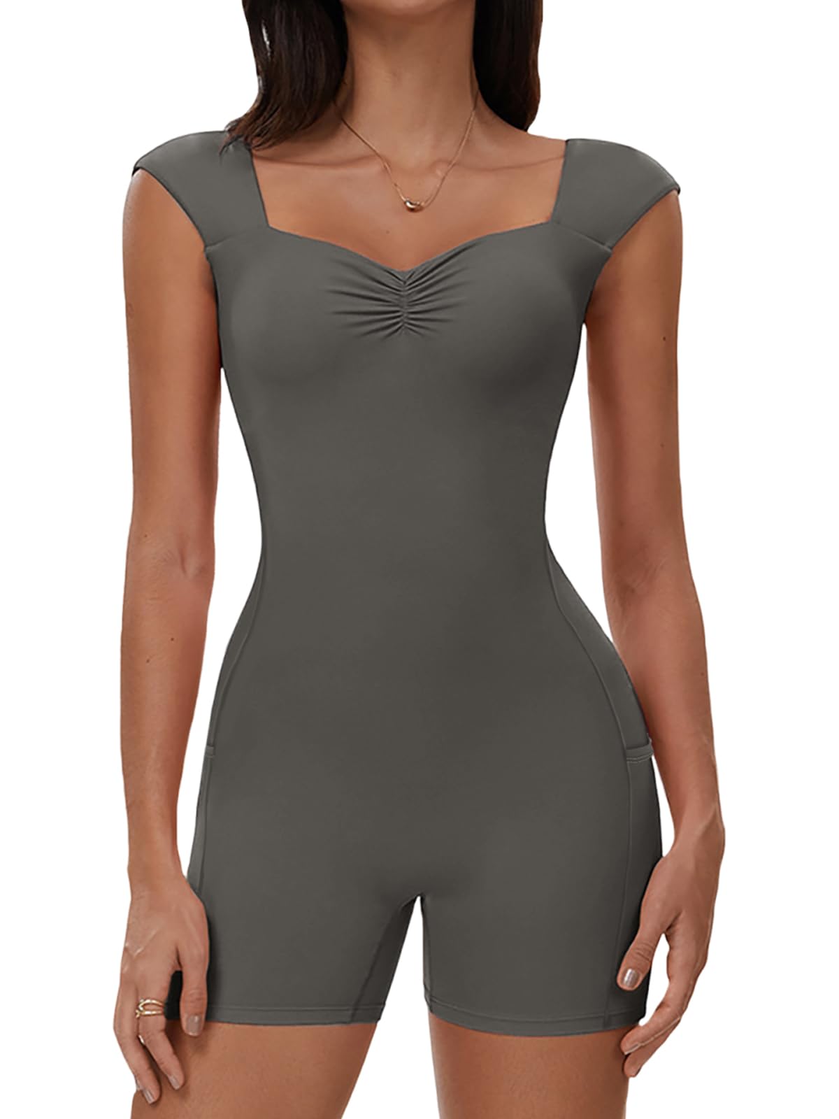 Ecupper Damen Jumpsuit Bodysuit Formender Onesie Bauchwegend | Damen Jumpsuit mit Abnehmbare Pads, Herzausschnitt mit Raffung, Seitentaschen & Scrunch-Design, rückenfrei Overall