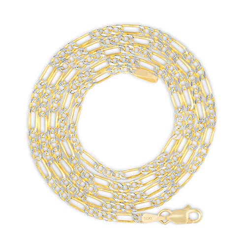 Nuragold 14k Real Yellow Gold Figaro Link 2.5mm Diamond Cut Pave Chain Necklace (16