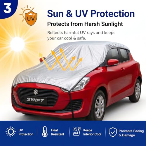Image of Pivalo Half Car Body Cover for Hatchback Cars (All Models & Years) | 100% Waterproof Outdoor UV & Heat All Weather Protection | Triple Stitched 3 Layer with Adjustable Straps Cover (Reflective Silver)