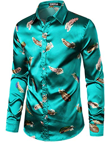 Image of ZEROYAA Men's Luxury Printed Silk Like Satin Button Down Dress Shirt for Party Prom