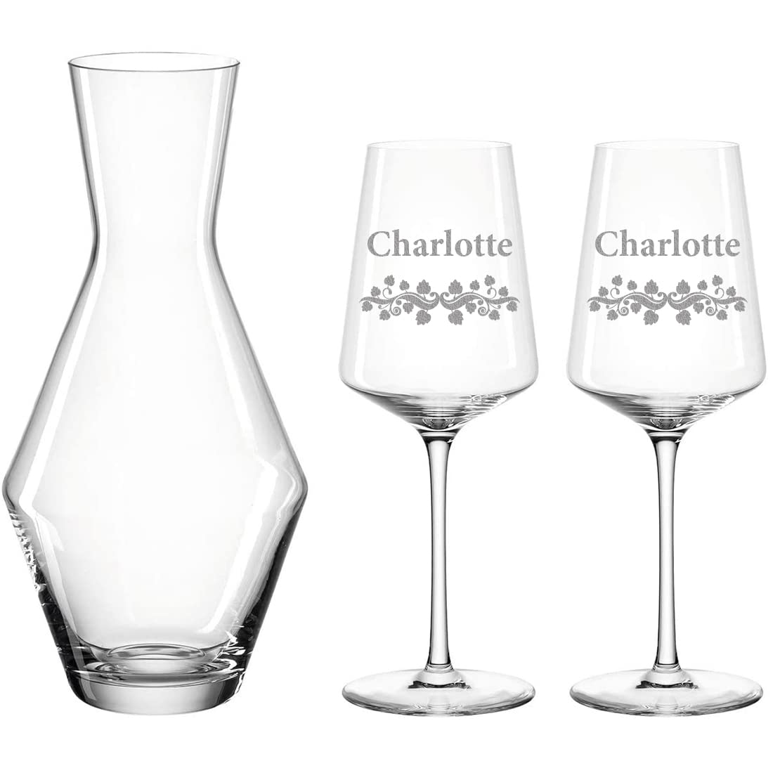 polar-effekt Leonardo Lot de 3 verres à vin rouge et décanteur en verre personnalisé avec gravure – 460 ml – Cadeau pour Noël – Motif vigne