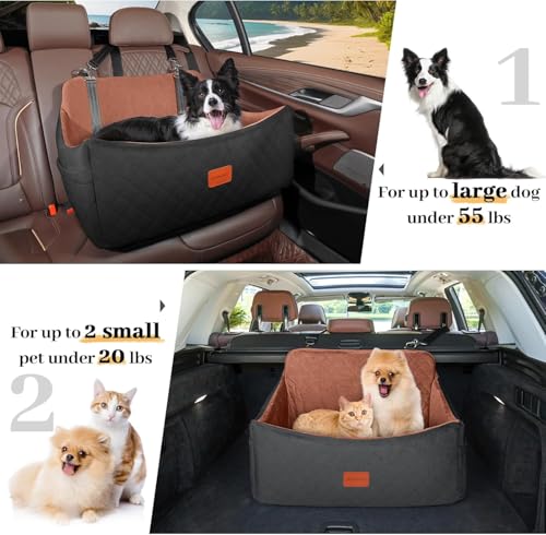 Wooaidagg Dog Car Seat for Medium Sized Dog Up to 55lbs,Super Soft Fabic Pet Car Seat Filling in Memory Foam, Car Dog Bed with Safety Belt Loops,Fully Detachable and Washable (Black/Brown,Large)