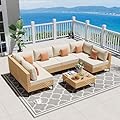 ABCASA Patio Furniture Set, 110" Large 7-Piece Wicker Outdoor Patio Furniture Sets with Coffee Table,Boho Patio Conversation Set Sectional Sofa with All-Weather Cushions for Backyard,Porch,Beige