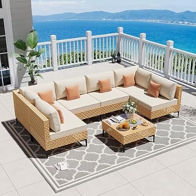ABCASA Patio Furniture Set, 110" Large 7-Piece Wicker Outdoor Patio Furniture Sets with Coffee Table,Boho Patio Conversation Set Sectional Sofa with All-Weather Cushions for Backyard,Porch,Beige