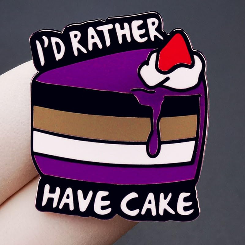Image of I Would Rather Have Cake Enamel Pin, Purple Black Brown White Flag Asexual Badge Brooch