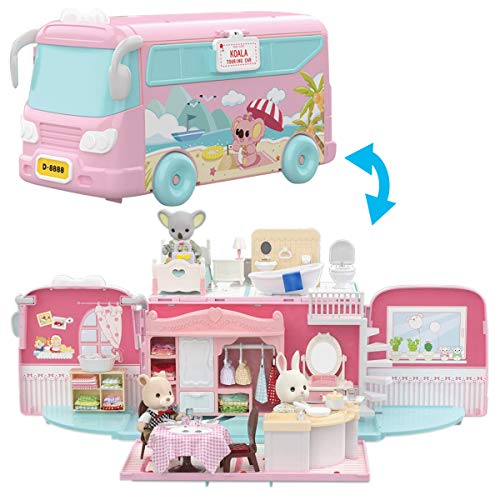 Mitcien Dollhouse Playset, DIY Pretend Portable Caravan Camper Bus Toy Kit with Little