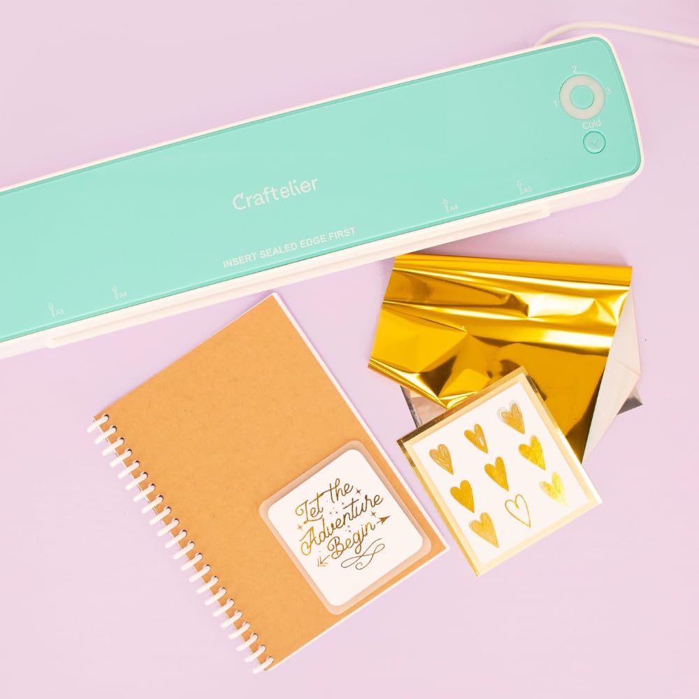 Craftelier - Plastificadora en Calor y Frío y Aplicadora de Foil, para Fundas de 80 a 125 micras, Selladora de Documentos de hasta 33 cm, Fácil Uso en Oficina, Casa o Escuela, Blanca y Menta