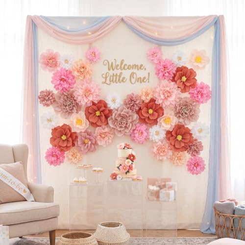 Image of Cholemy 24 Pcs Tissue Paper Flowers, Crepe Paper Flowers Decorations 8 inch 10 inch 12 inch for Wedding Party Baby Bridal Shower Carnival Party Birthday Nursery Wall Decor (Dusty Pink,Peach)
