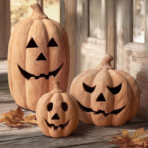 Fall Decor - Halloween Decorations - 7.5H Handmade Terracotta Pumpkin Jack O Lantern Outdoor Indoor - Cute Halloween Autumn Farmhouse Table Festival Decoration for Home Porch Front Door Mantel Room