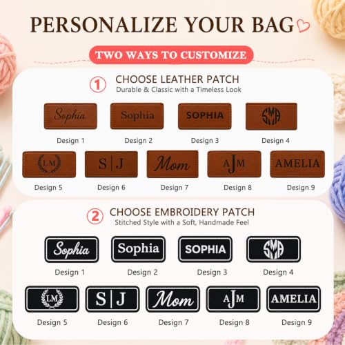 Image of Personalized Crochet Bag with Custom Leather Patch or Embroidered Name, Canvas Knitting Tote for Yarn Storage, Crochet Organizer with Multiple Pockets, Custom Gift for Crocheters & Knitters