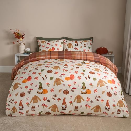 OHS Autumn Double Duvet Set Ultra Soft Warm Cosy Microfibre Autumnal Halloween Bedding Luxury Tartan Check Reversible Quilt Cover Double Bedding Set with Pillowcases Cream/Rust