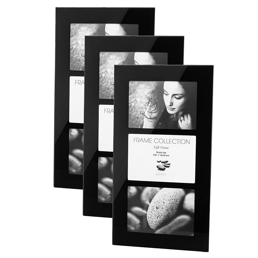 Kenro Black Box Of 3 Modern Glass Triple Photo Frame 7X5 Inch / 13X18cm Landscape Or Portrait For 3 Photographs - Bg1318/3-3