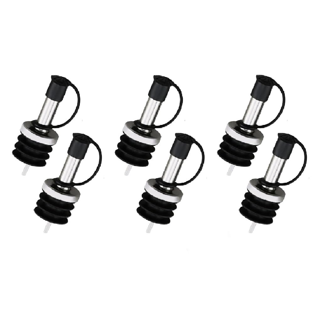 SEIWEI 6 X Spirits Bottle Pourer, Stainless Steel Straight Spout Liquor Spirits Speed Pourers with Dust Caps, Freeflow Liquor Bottle Pourers for Bars Kitchen Restaurants (Black)