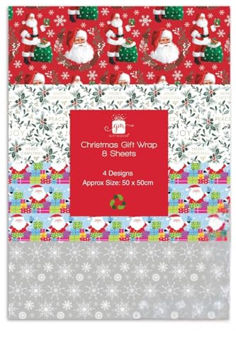 Weihnachts-Geschenkpapierbögen - 8 Stück Geschenkpapier-Set 4 Festliche Designs Recycelbares Geschenkpapier Weihnachtsmann Schneeflocke Stechpalme - 50 x 50 cm Weihnachtsgeschenke Familie Giftmaker