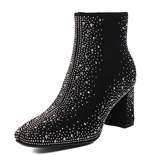 Elbslutt Women's Glitter Sparkly Booties Chunky Heels Ankle Boots Back Zipper Block Heeled Short Sequin Boots Wedding Bridal Party Dress Shoes