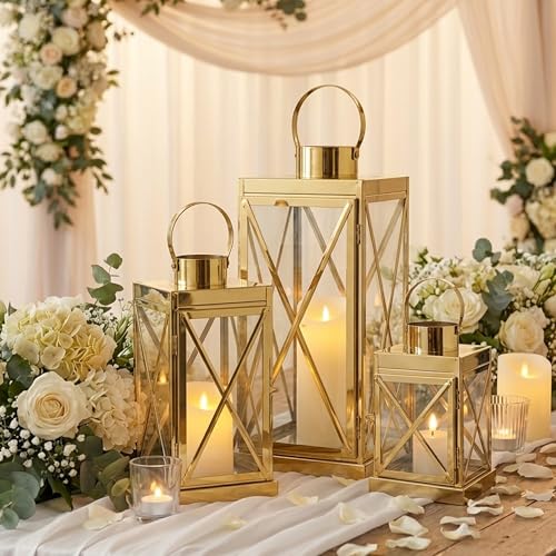 Image of TRIROCKS Gold Stainless Steel Lantern Set of 3-Square Elegance 8 /12 /16 Inch Opulent Metal Candle Lanterns Candle Holder with Tempered Glass for Home Garden Indoor Outdoor Decor Celebratory Everyday