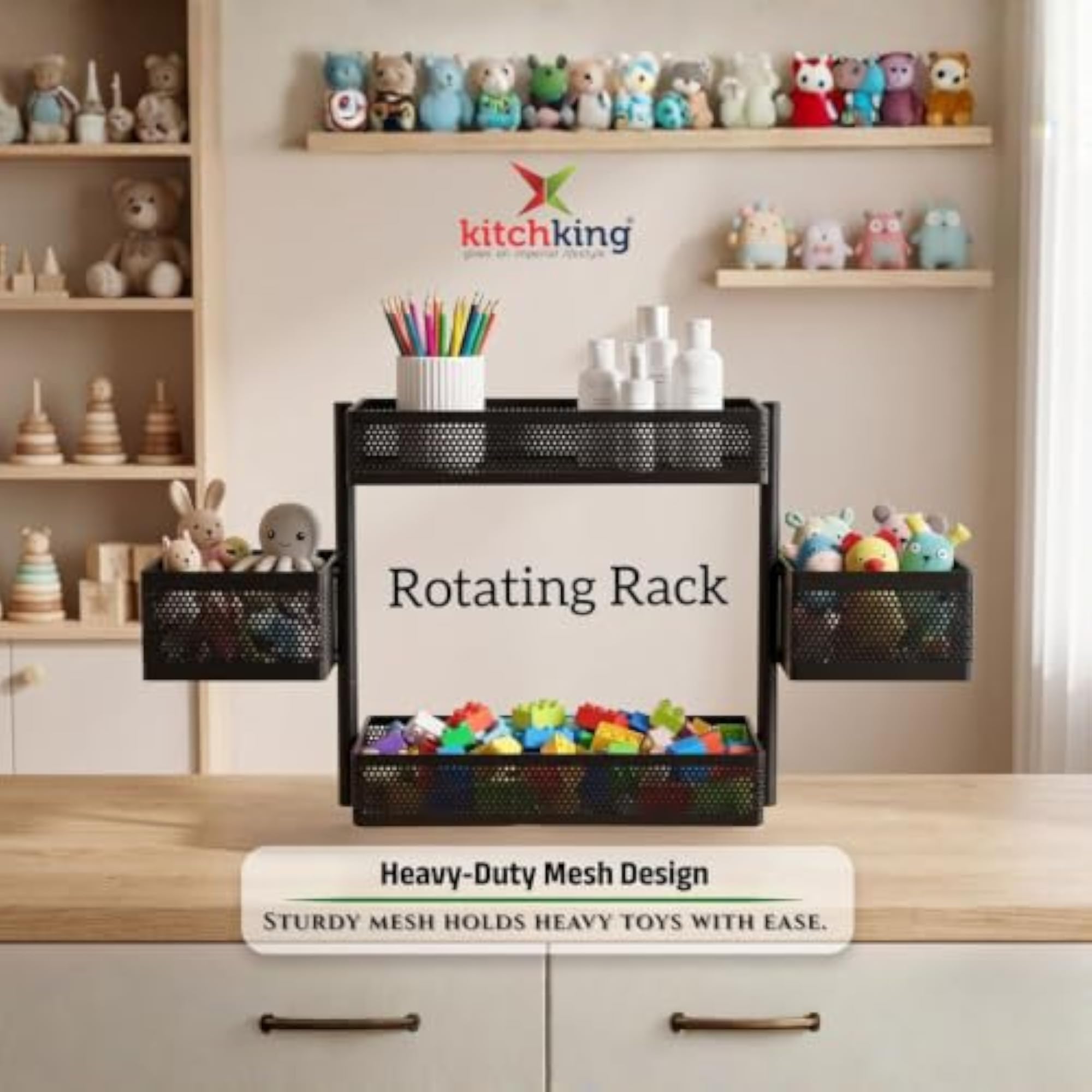 3-Tier Rotating Kitchen Storage Rack with Movable Basket