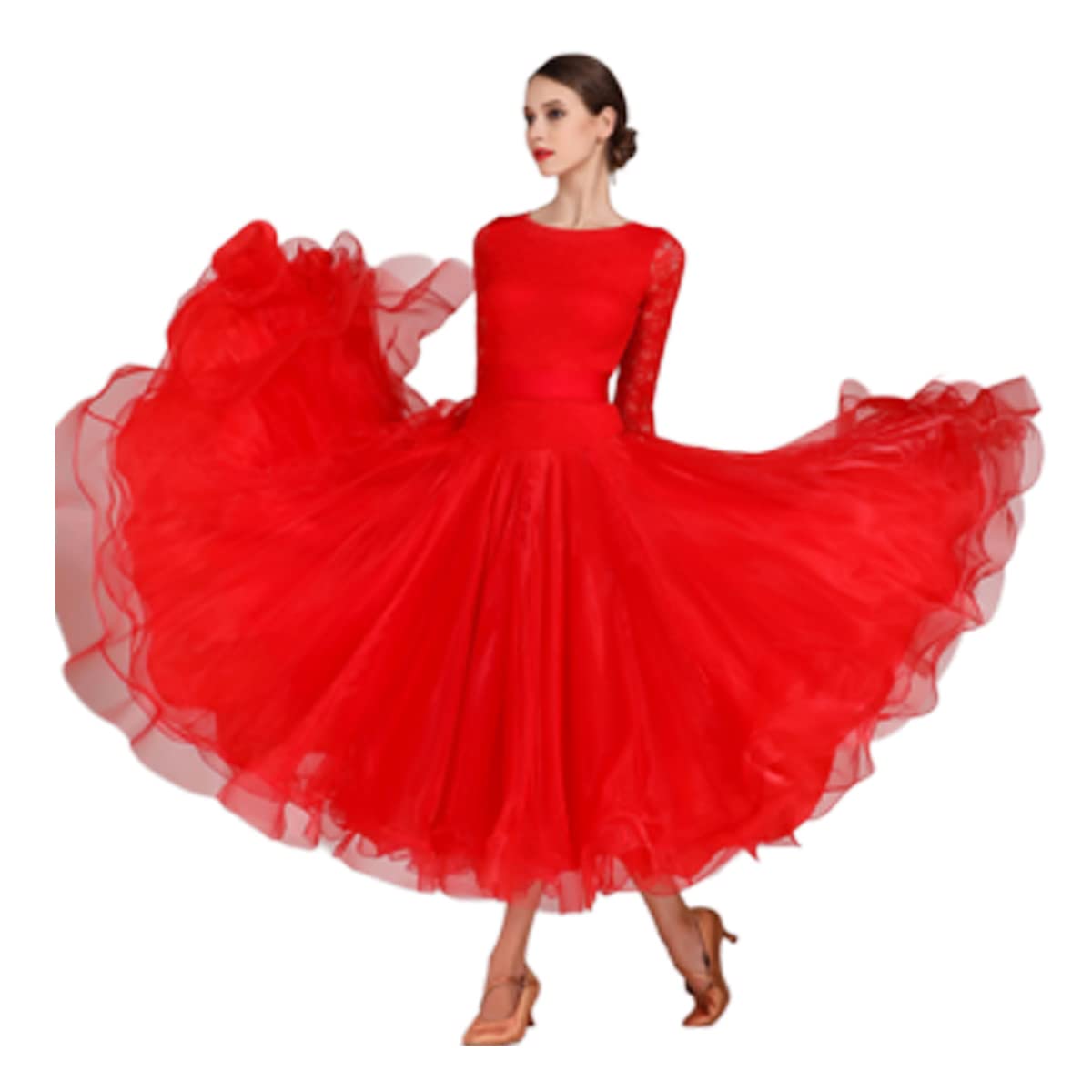 MOrfiLWomen Lace Ballroom Competition Dress 2/3 Sleeves Waltz Performance Dresses Professional Modern Tango Dance Costume