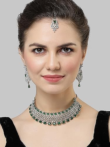 Image of Karatcart Silver Tone Green American Diamond Studded Necklace Set for Women