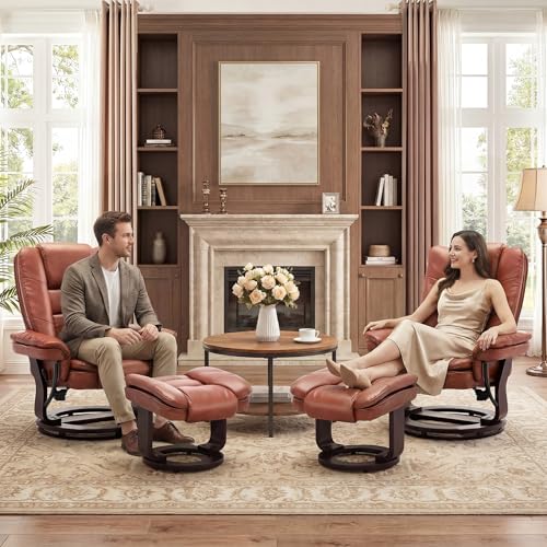 Image of Swivel Recliner Chair with Ottoman Reclining Lounge Sofa Footrest, Set of 2 | 360Sturdy Wood Base, Soft PU Leather, Upholstered Ultra-Plush Foam, Modern Armchair, Living Room Bedroom Office Reading Home