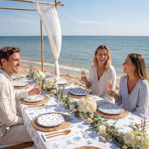 Image of Chumia 2 Pcs Coastal Tablecloth White and Blue Bachelorette Tablecloth Disposable Plastic Waterproof Table Covers Dinner Party Setting Floral Wedding Bridal Home Party(Rectangle Shell)
