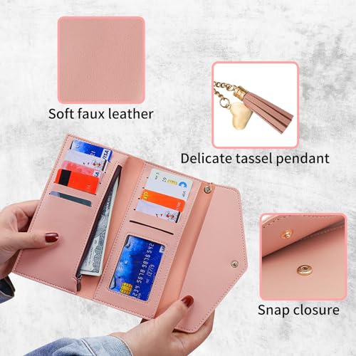 Trifold Wallet for Women, Long Slim Women’s Wallet Clutch with Heart Pendant Tassel, PU Leather Women's Wallets Card Holder, Coin Slot (Black)2