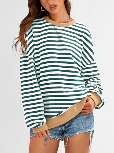PRETTYGARDEN Women Classic Striped Oversized Crewneck People Dupes Color Block Long Sleeve Casual Sweatshirt Loose Pullover (Green White, X-Small) — view 4