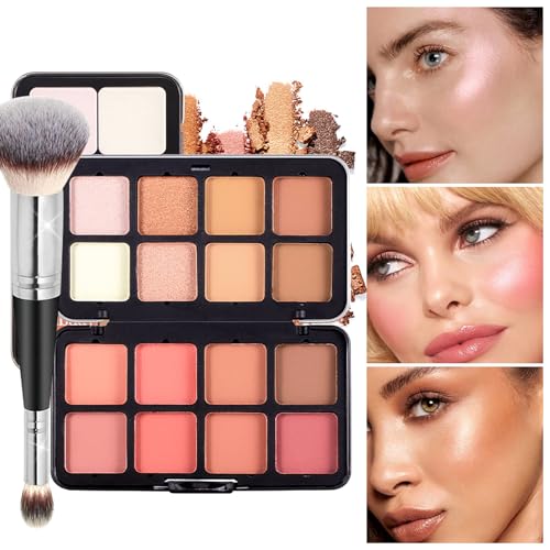 Joyeee Blush Contorno Iluminadores Maquillaje, 16colors Coloretes Contouring en Polvo Paleta de Maquillaje, Multiusos Make Up Palette para Cara Ojos Facail Larga Duración
