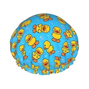 Yellow Rubber Duck Shower Cap For Women Adjustable Double Waterproof Layers Bathing Shower Hat Hair Protection Reusable Ladies Spa Salon Shower Hat