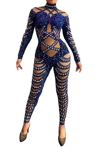 Lady Dancer Outfit Luxury Rhinestone Transparent Long Sleeve