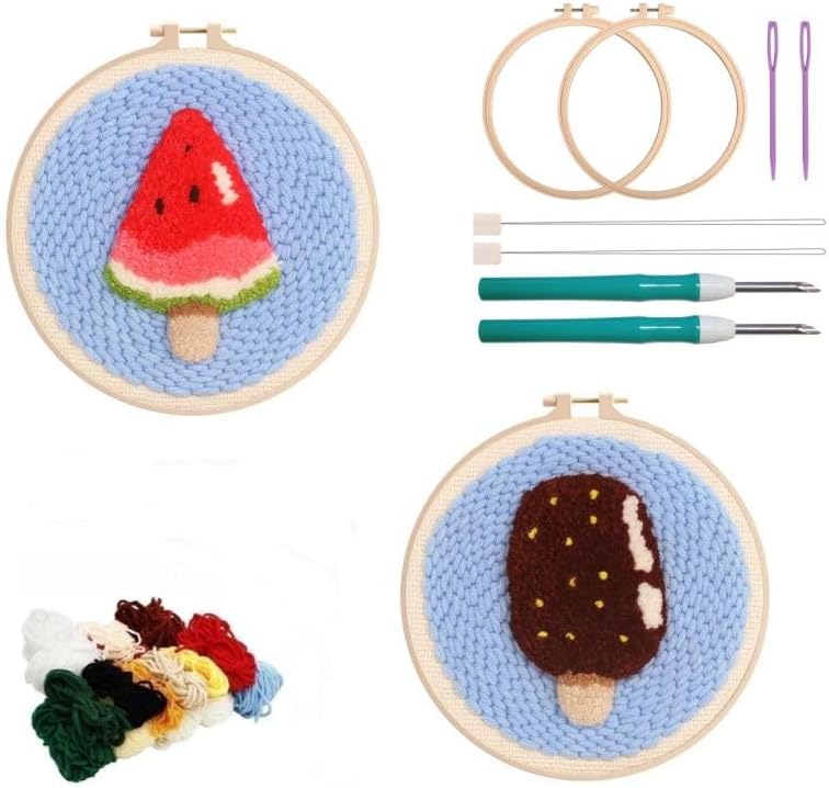 2 Pack Easy Punch Needle Embroidery Watermelon Ice Lolly Starter Kits for Kids and Adults Beginners with Punch Needle Tool,Threader, Stamped Fabric Embroidery,Hoop,Pen, Punch Needle Kits