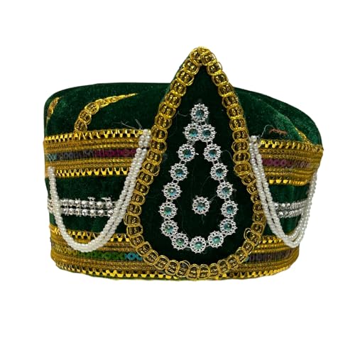 Image of Kaku Fancy Dresses Akbar Mughal King Pagdi Turban Safa Traditional Royal Headgear for Kids | Fancy Dress Costume Accessory for Historical Plays & Cultural Events - Green